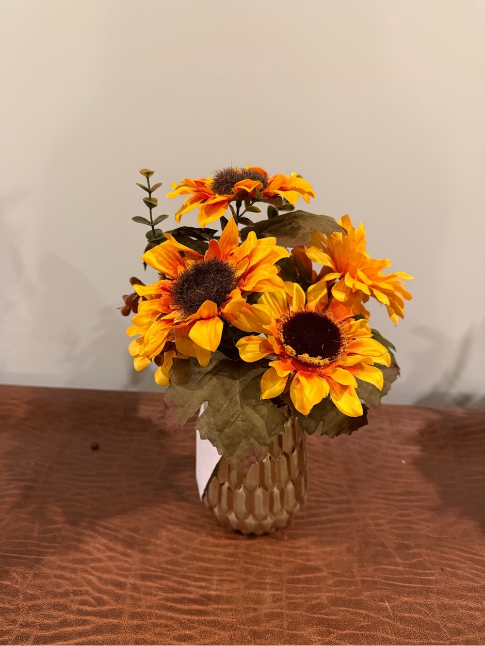 Sunflower Faux Flower Arrangement Gold Ceramic Vase  NWT